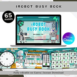 Puede incluir: Un libro digital iRobot Busy Book en una computadora portátil, con ilustraciones de robots y actividades de aprendizaje interactivas. Incluye secciones para aprender a leer la hora, practicar números de teléfono y emparejar letras mayúsculas. El libro tiene 65 páginas.