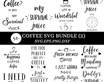 Può includere: Una collezione di design SVG in bianco e nero a tema caffè. I design includono frasi come "Coffee? In Bed", "My Survival Juice" e "Coffee Life is Wonderful". Il pacchetto include anche una grafica a orologio e il testo "Coffee SVG Bundle (2)".