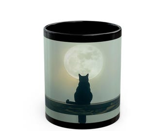 Gothic Black Cat Mug: Full Moon Celestial Coffee Cup