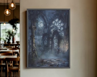 Gothic Cathedral Print: Moonlit Ruins, Stained Glass (Digital Download)