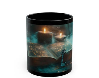 May include: Black ceramic mug featuring a mystical design. The image wraps around the mug, depicting an open book with glowing pages, two lit candles, and a decorative key. The design is set against a smoky, teal background.