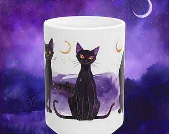 Magical Black Cat Ceramic Mug: Witchy Celestial Decor, Cat Lover Gift
