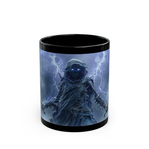May include: Black ceramic coffee mug featuring a digital illustration of a hooded figure with glowing blue eyes against a backdrop of lightning. The mug has a black interior and rim, with the artwork wrapping around the exterior.