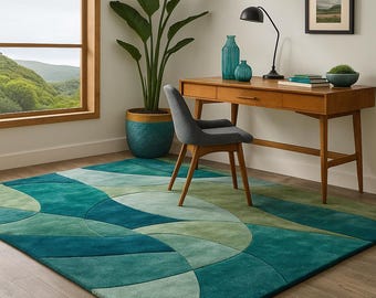 Modern Abstract Hand Tufted Rug, Teal Green Geometric Area Rug, Scandinavian Living Room Carpet, Contemporary Wool Rug, Nordic Home Decor