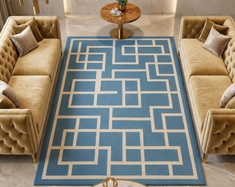 Modern Geometric Hand Tufted Rug, Blue Cream Area Rug, Contemporary Living Room Carpet, Custom Handmade Wool Rug, Luxury Floor Decor