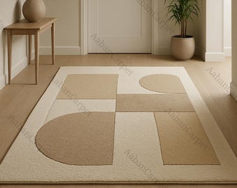 Modern Abstract Area Rug, Neutral Beige Cream Geometric Rug, Minimalist Living Room Rug, Contemporary Bedroom Carpet, Boho Home Decor