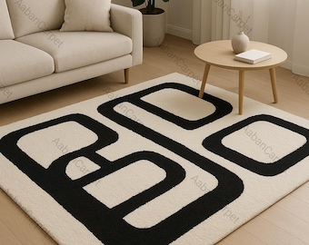 Modern Geometric Black Cream Rug | Hand Tufted Wool Area Rug | Minimalist Scandinavian Carpet | Designer Living Room & Bedroom Rug