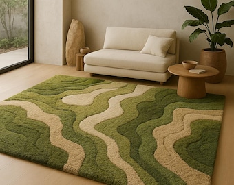 Hand Tufted Green Wool Rug, Modern Abstract Area Rug, Mid Century Wavy Carpet, Luxury Living Room Rug, Plush Handmade Floor Rug
