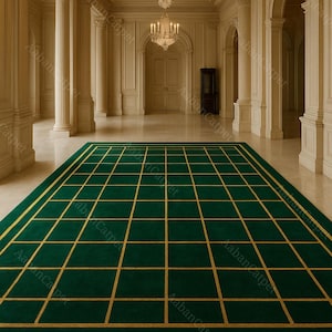 May include: A green rectangular rug with a gold grid pattern is centered in a grand hallway with marble floors and ornate columns. The room is lit by crystal chandeliers.