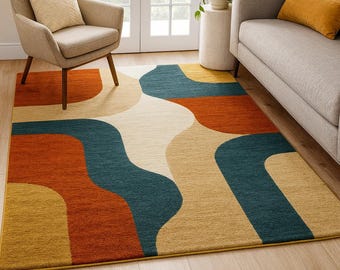 Hand Tufted Wool Rug, Mid Century Modern Abstract Area Rug, Colorful Retro Living Room Carpet, Geometric Handmade Floor Rug