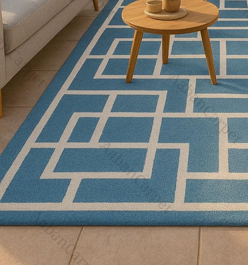 Blue Geometric Outdoor Rug: Modern Patio Balcony Carpet - Etsy