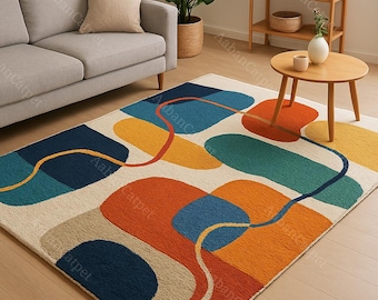 Alfombra abstracta moderna, alfombra geométrica colorida, alfombra para sala de estar de mediados de siglo, alfombra contemporánea con mechones, decoración bohemia para el hogar