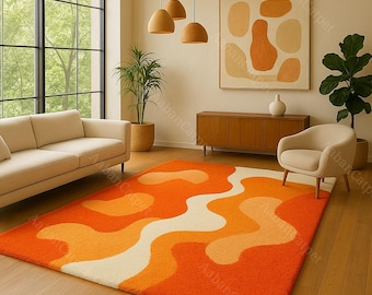 Orange Abstract Rug, Hand Tufted Wool Rug, Mid Century Modern Area Rug, Retro Wavy Rug, Modern Living Room Carpet