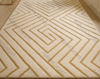 Hand Tufted Wool Rug, Cream Gold Geometric Abstract Carpet, Modern Living Room Floor Decor