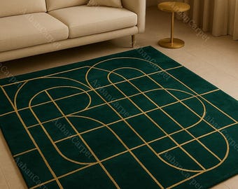 Modern Green Geometric Rug, Luxury Hand Tufted Area Rug, Abstract Line Design Carpet, Living Room Bedroom Decor, Minimalist Floor Rug