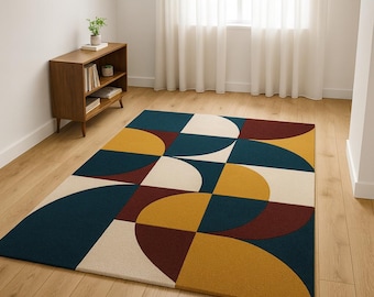 Hand Tufted Mid Century Modern Rug, Geometric Wool Area Rug, Retro Abstract Living Room Carpet, Scandinavian Home Decor,area rug
