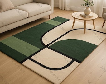 Alfombra geométrica moderna verde, alfombra de lana tejida a mano, alfombra abstracta para sala de estar, alfombra minimalista para dormitorio, decoración escandinava para el hogar.