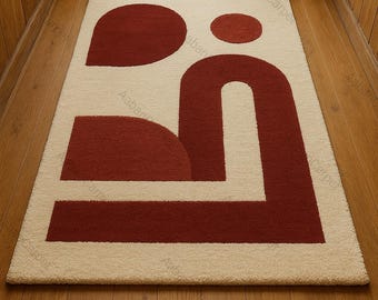 Abstract Red Cream Rug, Modern Geometric Area Rug, Minimalist Tufted Carpet, Contemporary Living Room Rug, Handmade Home Decor