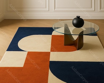 Modern Abstract Hand Tufted Rug, Geometric Area Rug, Blue Orange Cream Carpet, Scandinavian Living Room Rug, Contemporary Wool Rug