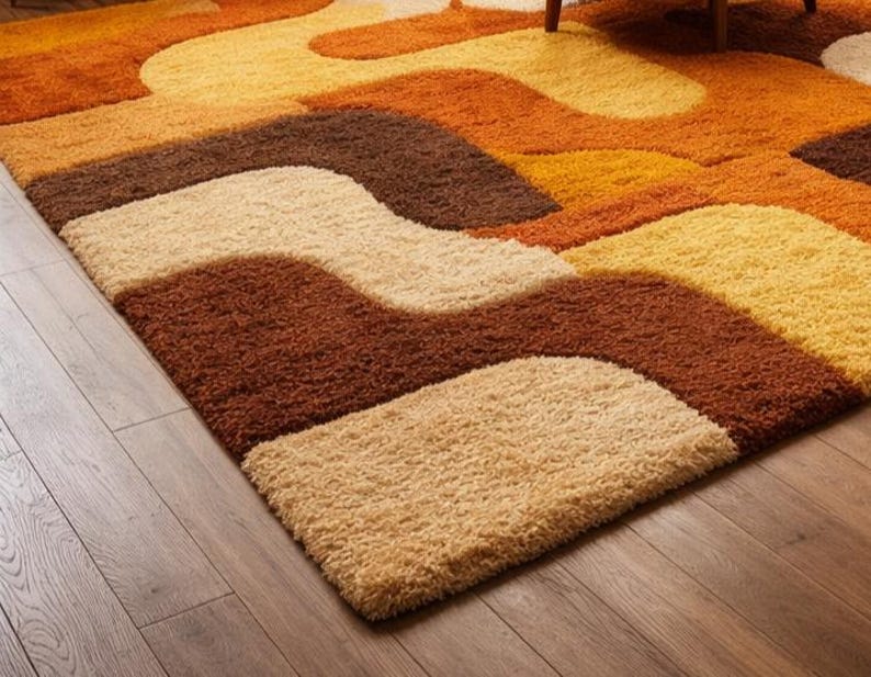 70s Retro Shag Rug | Burnt Orange Abstract Plush Carpet - Etsy