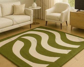 Green Abstract Area Rug, Modern Wavy Pattern Carpet, Contemporary Living Room Rug, Minimalist Floor Rug, Bedroom Decor Carpet