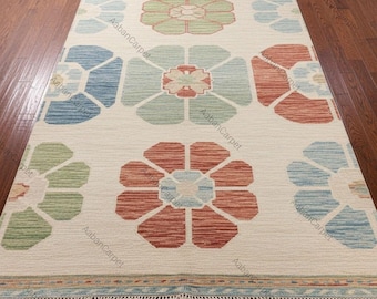Handgeknüpfter Wollteppich, Oushak inspirierte Blumenmedaillons, Boho Wohnzimmerteppich