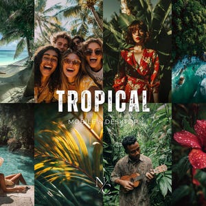 Peut inclure: Un collage vibrant de scènes tropicales, avec des personnes, des plantes et des paysages. Le mot "TROPICAL" est affiché en blanc. Les images incluent une plage, des visages souriants, une femme en robe fleurie rouge et un homme jouant du ukulélé.