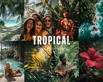 Pode incluir: Uma colagem vibrante de cenas tropicais, com pessoas, plantas e paisagens. A palavra "TROPICAL" é exibida em branco. As imagens incluem uma praia, rostos sorridentes, uma mulher com um vestido floral vermelho e um homem tocando ukulele.