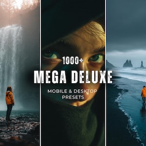 May include: A three-panel image with the text "1000+ MEGA DELUXE MOBILE & DESKTOP PRESETS." The panels show a waterfall, a person in an orange jacket, and a coastal scene with a person walking on a beach. The overall theme is landscape photography.