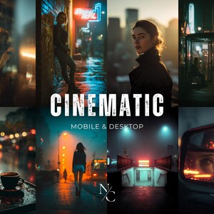 May include: A collage of cinematic images featuring people in urban settings at night. The scenes include a person in a coat, a woman leaning against a wall with neon signs, and a person at a bus stop. The text "CINEMATIC MOBILE & DESKTOP" is displayed.