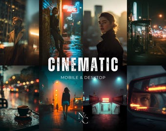 May include: A collage of cinematic images featuring people in urban settings at night. The scenes include a person in a coat, a woman leaning against a wall with neon signs, and a person at a bus stop. The text "CINEMATIC MOBILE & DESKTOP" is displayed.