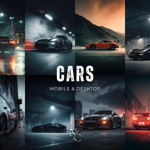 May include: A collage of images featuring various cars in different settings. The word "CARS" is displayed in large white text, with "MOBILE & DESKTOP" below. The images showcase cars in motion, in garages, and on city streets.