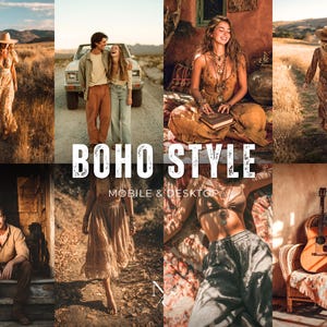 Op de afbeelding: Een collage van afbeeldingen met een bohemian stijl thema. De afbeeldingen tonen mensen in zwierige jurken en casual outfits, een vintage truck en een gitaar. De tekst "BOHO STYLE" en "MOBILE & DESKTOP" is over de afbeeldingen geplaatst.