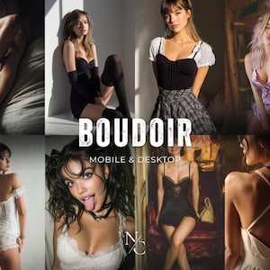 Pode incluir: Uma colagem de imagens com mulheres em trajes de estilo boudoir. As imagens mostram vários conjuntos de lingerie, vestidos e poses. O texto na imagem diz "BOUDOIR MOBILE & DESKTOP". A estética geral é suave e sensual, com foco em moda e estilo.