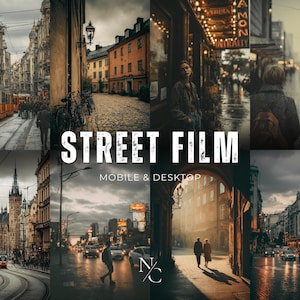 以下が含まれることがあります： 映画のような雰囲気の都市のストリートシーンのコラージュ。路面電車、建築物、人々が登場する都市景観の画像。テキスト「STREET FILM」と「MOBILE & DESKTOP」が重ねられています。