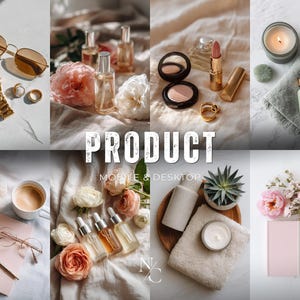 以下が含まれることがあります： 美容とライフスタイル製品のコラージュ。サングラス、金の腕時計、指輪、香水瓶、化粧品、キャンドル、ジェイドローラー、花、ノート、メガネ、ペン、コーヒーカップ、多肉植物が含まれています。「PRODUCT」という文字が表示されています。