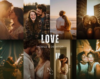Puede incluir: Un collage de imágenes románticas que muestran a parejas abrazándose y besándose en varios entornos exteriores e interiores. La palabra "LOVE" se muestra de forma destacada, junto con el texto "MOBILE & DESKTOP". Las imágenes tienen una paleta de colores cálidos y dorados.