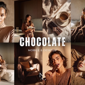 Puede incluir: Un collage de imágenes con el tema del chocolate. La palabra "CHOCOLATE" se muestra en blanco. Las imágenes incluyen a una mujer con un cuello alto marrón, una mujer leyendo un libro y una mujer comiendo una barra de chocolate.