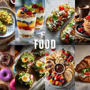 Könnte beinhalten: Eine Collage verschiedener Lebensmittel, darunter Avocado-Toast, Parfaits, Pfannkuchen, Donuts und ein Croissant. Das Wort "FOOD" wird in Weiß angezeigt, darunter "MOBILE & DESKTOP".