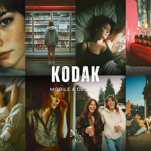 Op de afbeelding: Een collage van lifestyle-afbeeldingen met een vintage esthetiek. Het woord "KODAK" staat prominent afgebeeld. Scènes omvatten een vrouw die naar een koelkast kijkt, een vrouw die in bed ligt en een krat met Coca-Cola-flessen.