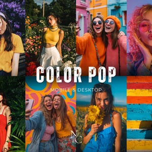 以下が含まれることがあります： 「Color Pop」をテーマにした、多様なイメージの活気あるコラージュ。花柄の背景、都市景観、ヒマワリ畑など、さまざまな環境にいる女性たちの画像が特徴です。「COLOR POP」と「MOBILE & DESKTOP」の文字が表示されています。