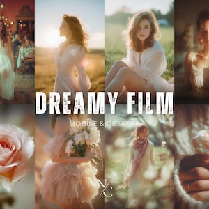 Puede incluir: Un collage de imágenes con una estética soñadora y romántica. Las imágenes presentan mujeres con vestidos blancos fluidos, rosas y el texto "DREAMY FILM MOBILE & DESKTOP". La paleta de colores es suave y apagada, con un aspecto vintage.