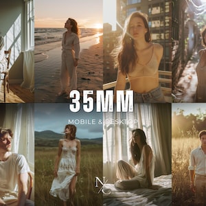 May include: A collage of eight images featuring people in various settings. The images have a warm, soft aesthetic. The text "35MM MOBILE & DESKTOP" is displayed in the center. The images are likely digital photography presets.