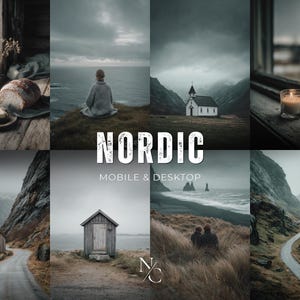 Könnte beinhalten: Eine Collage von acht Bildern mit nordischem Thema. Die Bilder zeigen ein Brot, eine Person mit Blick auf das Meer, eine Kirche, eine Kerze, eine Straße und ein kleines Holzgebäude. Das Wort "NORDIC" wird in großen weißen Buchstaben angezeigt.