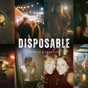 May include: A collage of images with a vintage aesthetic. The word "DISPOSABLE" is prominently displayed. The images feature people in various settings, including outdoors and indoors, with a focus on capturing candid moments and selfies.