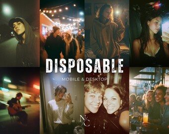 May include: A collage of images with a vintage aesthetic. The word "DISPOSABLE" is prominently displayed. The images feature people in various settings, including outdoors and indoors, with a focus on capturing candid moments and selfies.