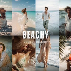 以下が含まれることがあります： ビーチをテーマにした画像のコラージュ。画像には、ビーチでビーチウェアを着て飲み物を楽しんでいる人々が含まれています。「BEACHY」というテキストが大きな白い文字で表示され、その下に「MOBILE & DESKTOP」と表示されています。