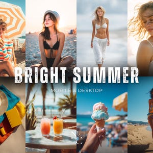 May include: A collage of summer-themed images. Includes a person under a striped umbrella, a woman in a black bikini, a woman in white pants, and a woman in a white dress. Also, a hat, towel, and book, plus cocktails and ice cream. Text reads "BRIGHT SUMMER".