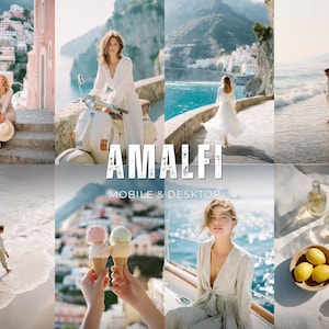 Puede incluir: Un collage de imágenes con la palabra "AMALFI" en blanco. Las escenas muestran la costa Amalfitana, con personas vestidas de blanco, un scooter vintage y helados. Las palabras "MOBILE & DESKTOP" también son visibles.