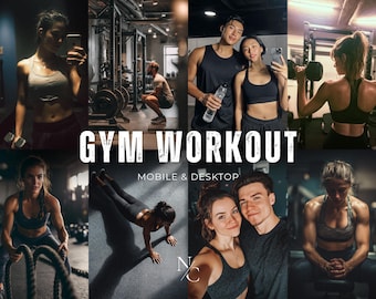 May include: A collage of images showcasing gym workouts. People are seen lifting weights, using ropes, and posing. The text "GYM WORKOUT" is displayed in large white letters, with "MOBILE & DESKTOP" below. The images are in a dark, moody style.